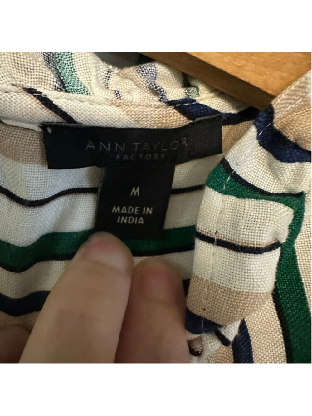 Ann Taylor Factory size medium Striped Ruffle Blouse White Green mock neck - Picture 2 of 7